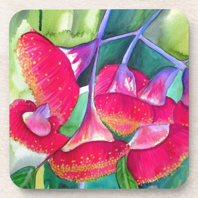 Australian red flowering gumnuts watercolor art coaster (Front)