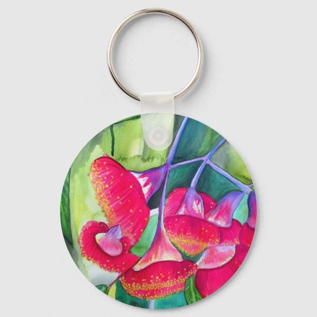 Australian red flowering gumnuts watercolor art key ring (Front)