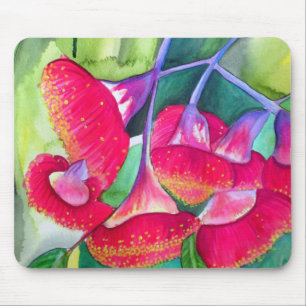Australian red flowering gumnuts watercolor art mouse mat