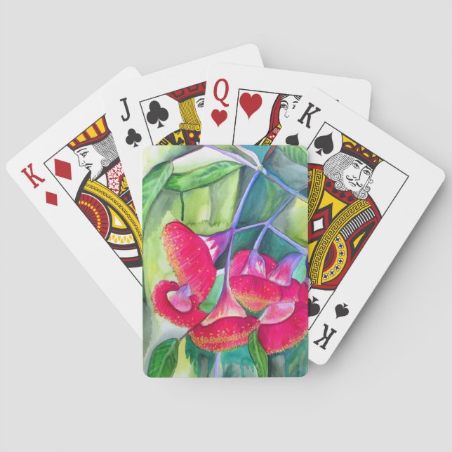 Australian red flowering gumnuts watercolor art playing cards (Back)