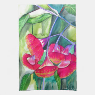 Australian red flowering gumnuts watercolor art tea towel