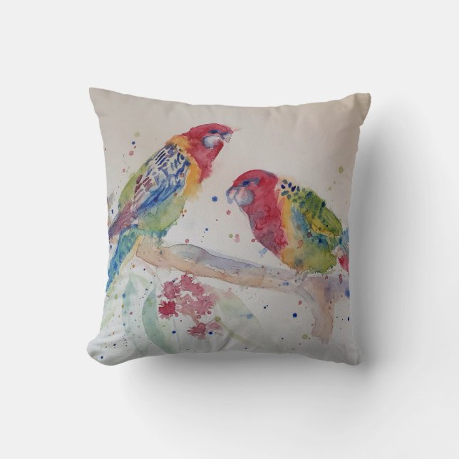 Australian Red Rosella Parrot Watercolour art Cushion (Front)
