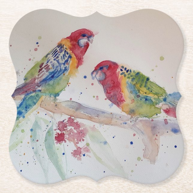 Australian Red Rosella Parrot Watercolour art Paper Coaster (Front)