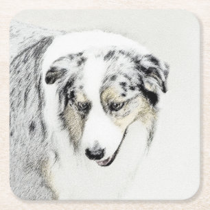 Australian Shepherd 2 Painting - Original Dog Art Square Paper Coaster
