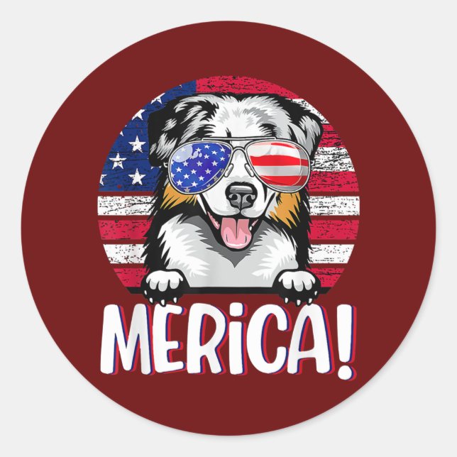 Australian Shepherd 4th of July American Flag Dog Classic Round Sticker (Front)