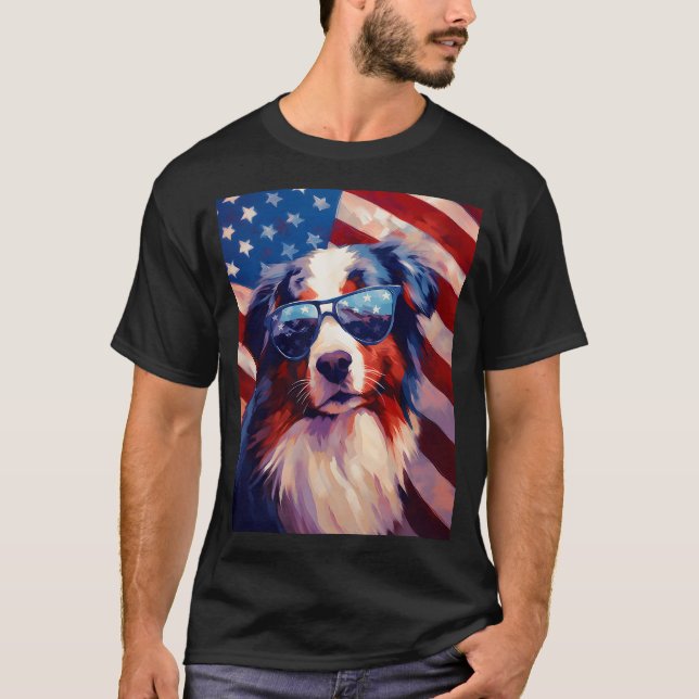 Australian Shepherd 4th of July american flag T-Shirt (Front)