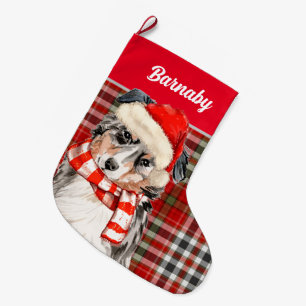 Australian Shepherd and Red Plaid with Dog's Name Large Christmas Stocking