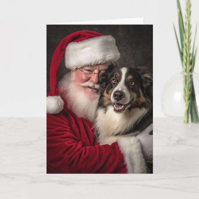 Australian Shepherd and Santa Holiday Card (Front)