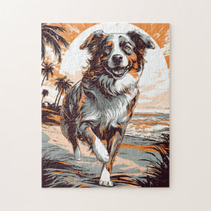 Australian Shepherd at a tropical beach Jigsaw Puzzle
