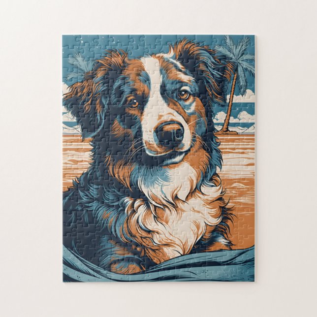 Australian Shepherd at a tropical beach Jigsaw Puzzle (Vertical)