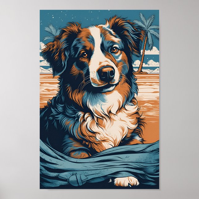 Australian Shepherd at a tropical beach Poster (Front)