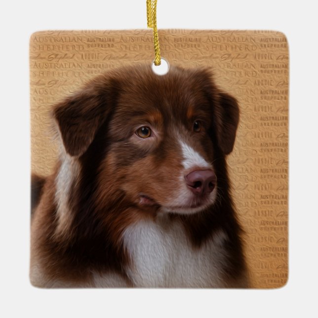 Australian Shepherd  Aussie Watercolor Digital Art Ceramic Ornament (Front)