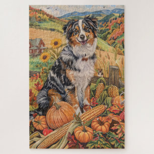 Australian Shepherd Autumn Harvest Thanksgiving Jigsaw Puzzle