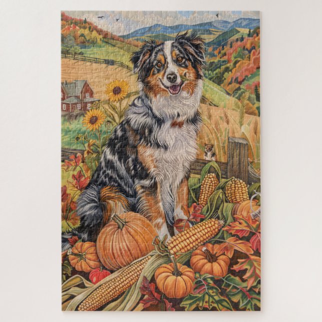 Australian Shepherd Autumn Harvest Thanksgiving Jigsaw Puzzle (Vertical)