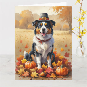 Australian Shepherd Autumn Leaves Thanksgiving Art Card
