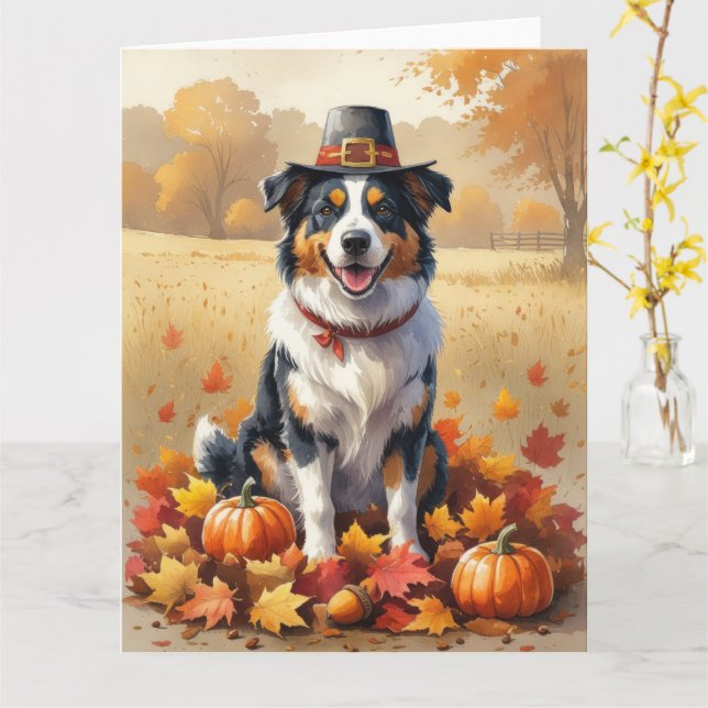Australian Shepherd Autumn Leaves Thanksgiving Art Card (Yellow Flower)