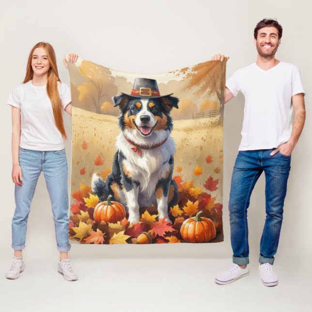 Australian Shepherd Autumn Leaves Thanksgiving Art Fleece Blanket (In Situ)