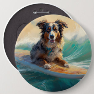 Australian Shepherd Beach Surfing Painting 6 Cm Round Badge