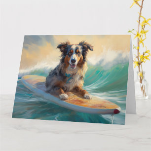 Australian Shepherd Beach Surfing Painting Card