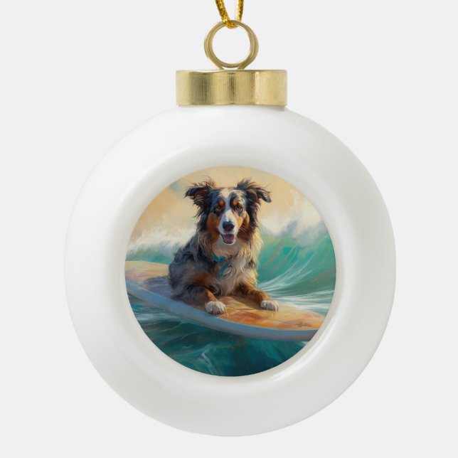 Australian Shepherd Beach Surfing Painting Ceramic Ball Christmas Ornament (Front)