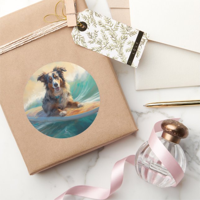 Australian Shepherd Beach Surfing Painting Classic Round Sticker (Gifting)