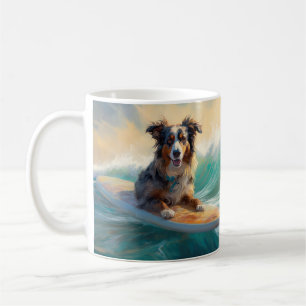 Australian Shepherd Beach Surfing Painting Coffee Mug