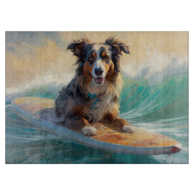 Australian Shepherd Beach Surfing Painting Cutting Board (Front)