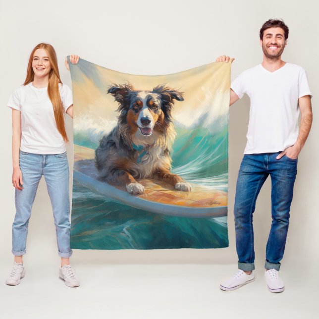 Australian Shepherd Beach Surfing Painting Fleece Blanket (In Situ)