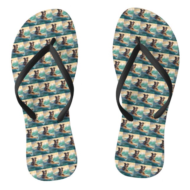 Australian Shepherd Beach Surfing Painting Flip Flops (Footbed)