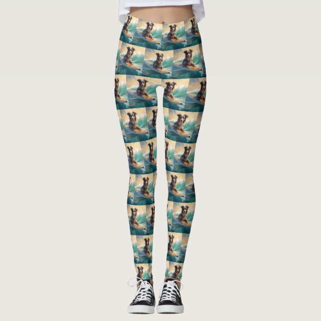 Australian Shepherd Beach Surfing Painting Leggings (Front)