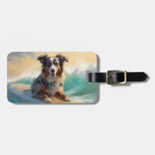 Australian Shepherd Beach Surfing Painting Luggage Tag