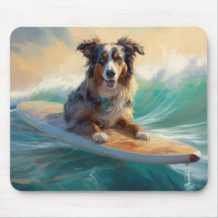 Australian Shepherd Beach Surfing Painting Mouse Mat
