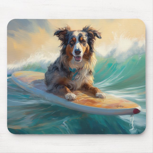 Australian Shepherd Beach Surfing Painting Mouse Mat (Front)