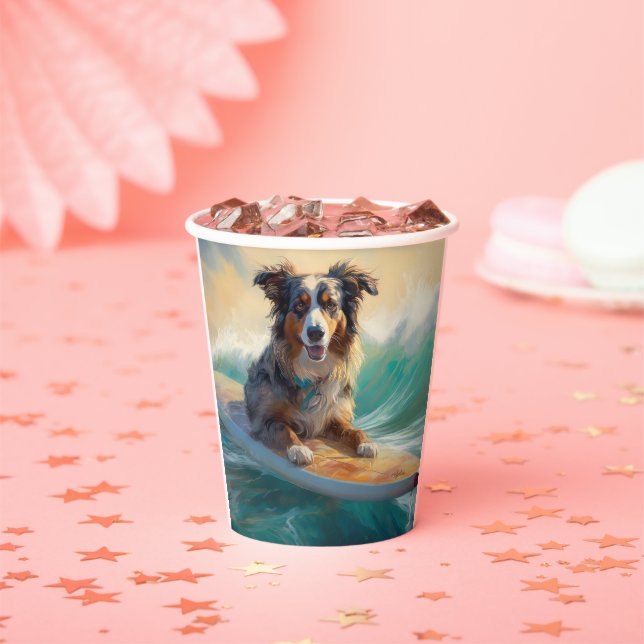 Australian Shepherd Beach Surfing Painting Paper Cups (Insitu)