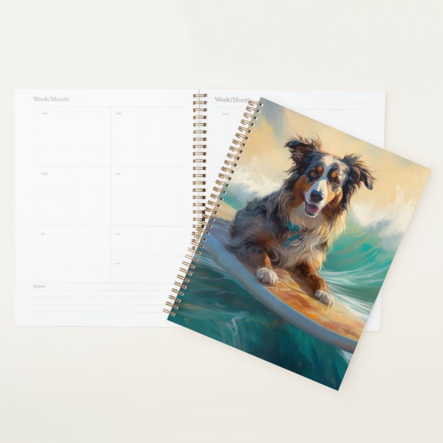 Australian Shepherd Beach Surfing Painting Planner (Display)