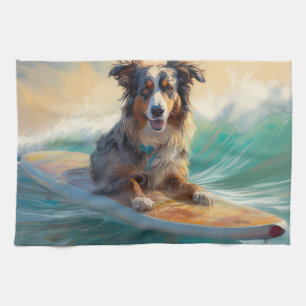 Australian Shepherd Beach Surfing Painting Tea Towel