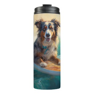 Australian Shepherd Beach Surfing Painting Thermal Tumbler