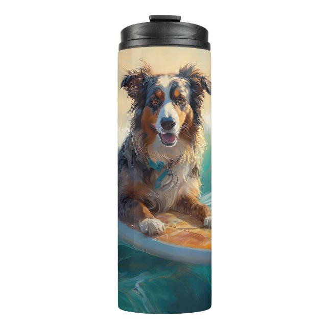 Australian Shepherd Beach Surfing Painting Thermal Tumbler (Front)
