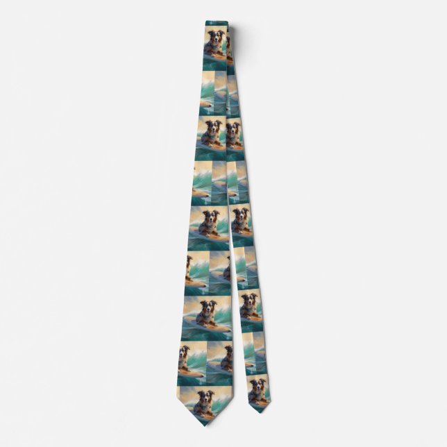 Australian Shepherd Beach Surfing Painting Tie (Front)