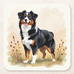 Australian Shepherd Black Tricolor Aussie Dog Square Paper Coaster