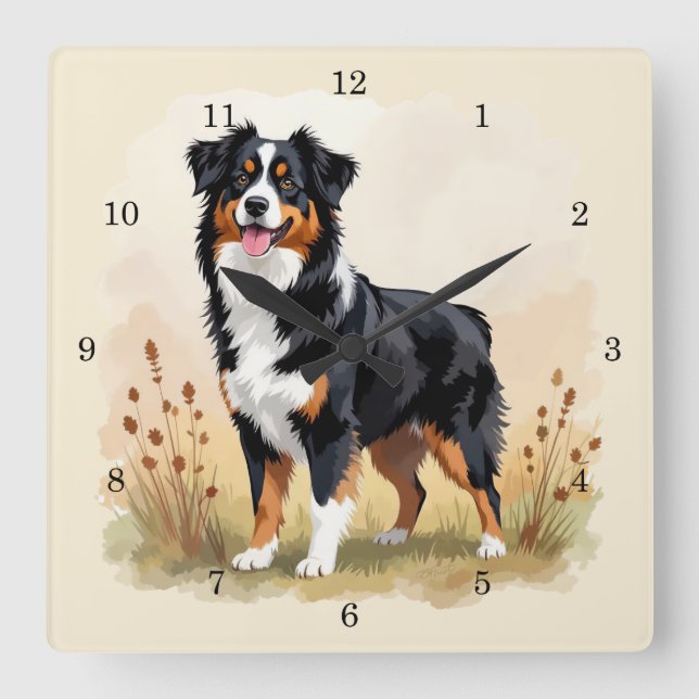 Australian Shepherd Black Tricolor Aussie Dog Square Wall Clock (Front)