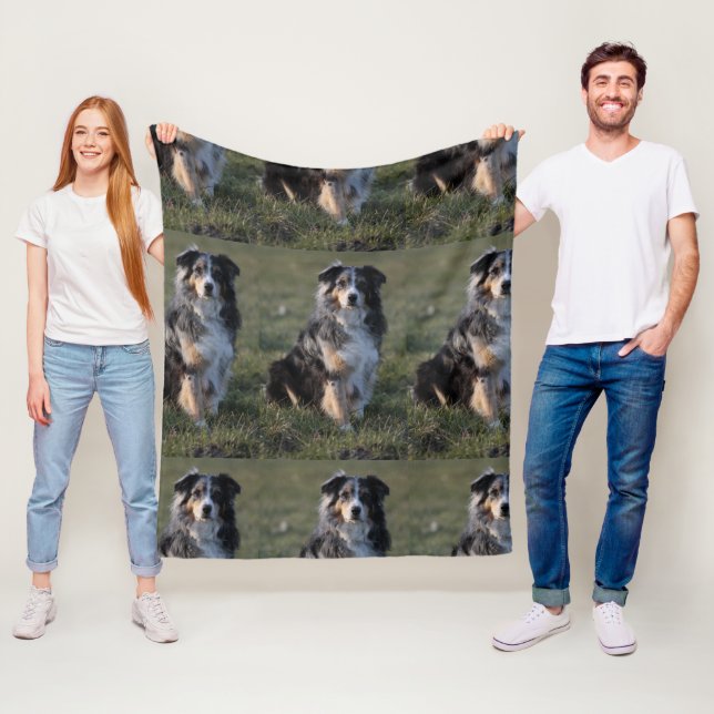 australian-shepherd-blue merle sitting fleece blanket (In Situ)