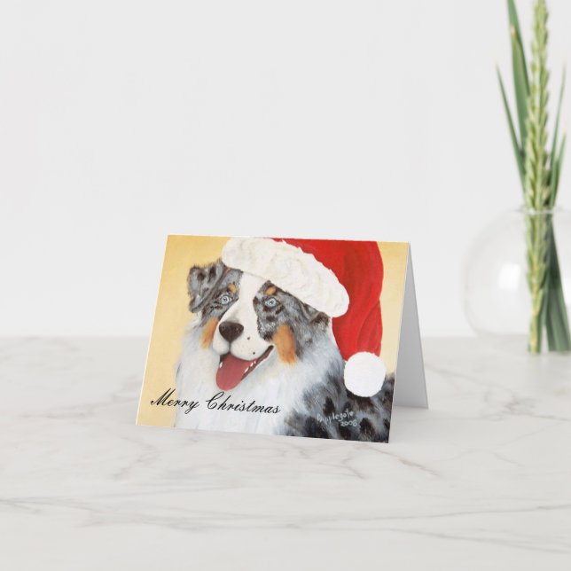 Australian Shepherd ~ Blue Merle with Santa Hat Holiday Card (Front)