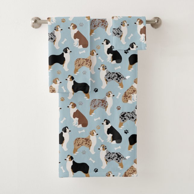 Australian Shepherd Bones and Paws Blue Bath Tow Bath Towel Set (Insitu)