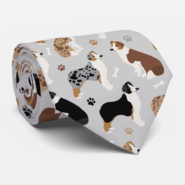Australian Shepherd Bones and Paws Grey Neck Tie (Rolled)