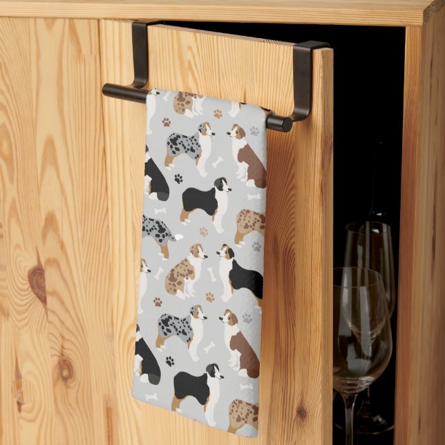 Australian Shepherd Bones and Paws Grey Tea Towel (Thirds Fold)