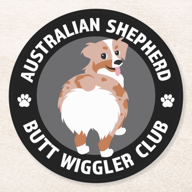 Australian Shepherd Butt Wigglers Club - Red Merle Round Paper Coaster (Front)