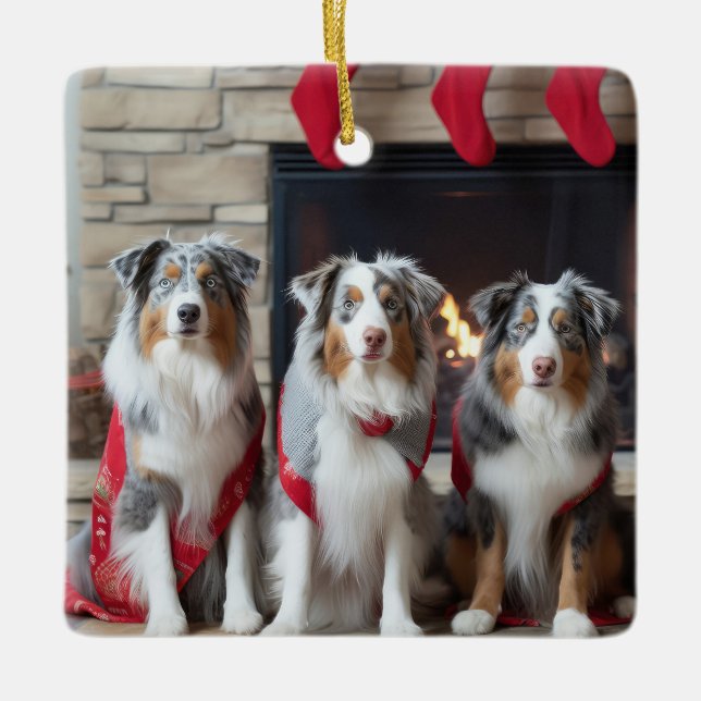 Australian Shepherd by the Fireplace Christmas Ceramic Ornament (Front)