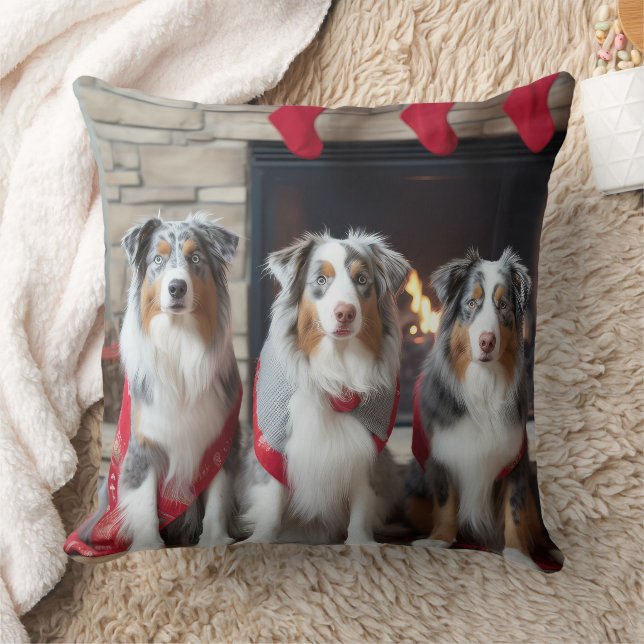 Australian Shepherd by the Fireplace Christmas Cushion (Blanket)