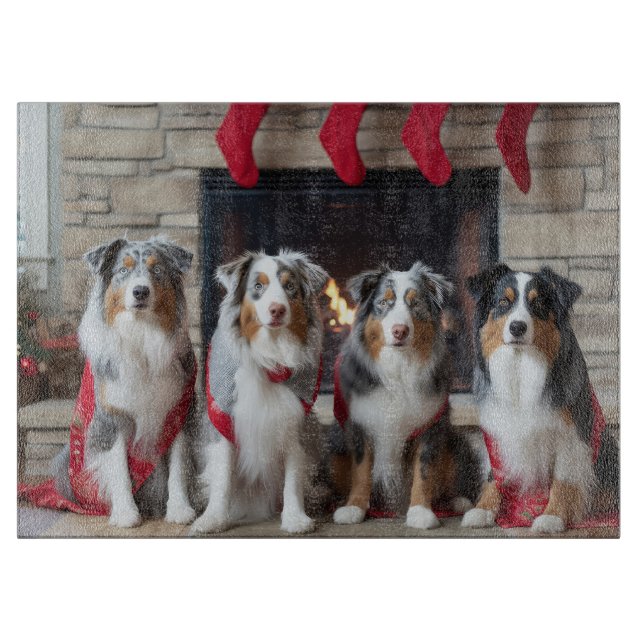 Australian Shepherd by the Fireplace Christmas Cutting Board (Front)